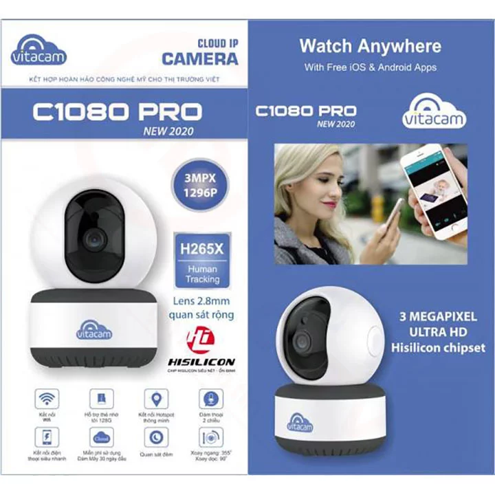 Vitacam C1080 Pro - Camera IP 3MP góc siêu rộng, công nghệ AI, xoay 360 độ | HDnew CCTV
