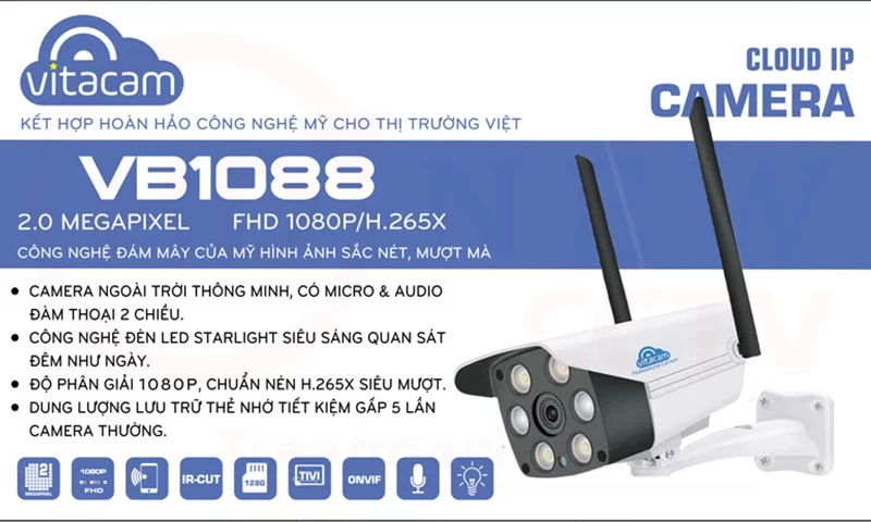 Vitacam VB1088 - Camera IP ngoài trời 2MP Starlight (quan sát màu ngày đêm) | HDnew CCTV
