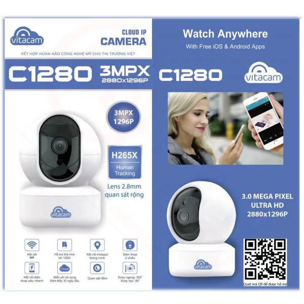 Vitacam C1280 - Camera IP 3MP góc siêu rộng, chuyên dùng trong nhà | HDnew CCTV