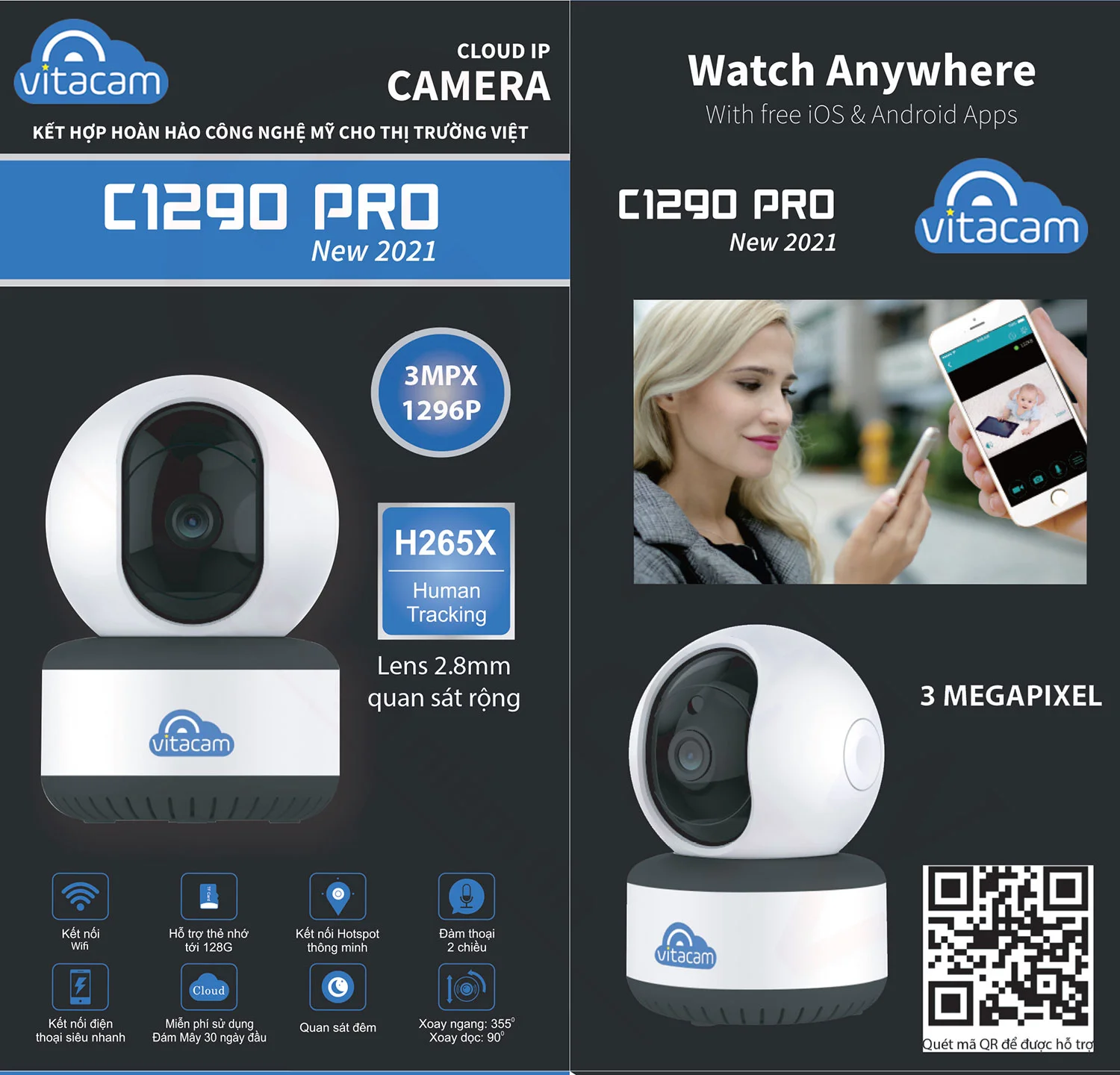 Vitacam C1290 Pro - Camera IP 3MP, lens 2.8mm góc siêu rộng - HDnew CCTV