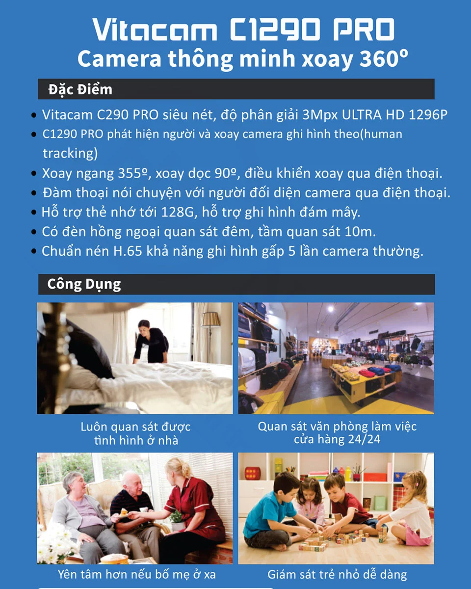 Vitacam C1290 Pro - Camera IP 3MP, lens 2.8mm góc siêu rộng - HDnew CCTV