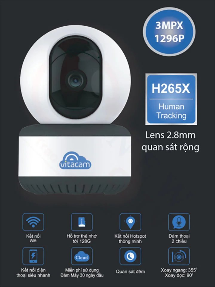 Vitacam C1290 Pro - Camera IP 3MP, lens 2.8mm góc siêu rộng - HDnew CCTV